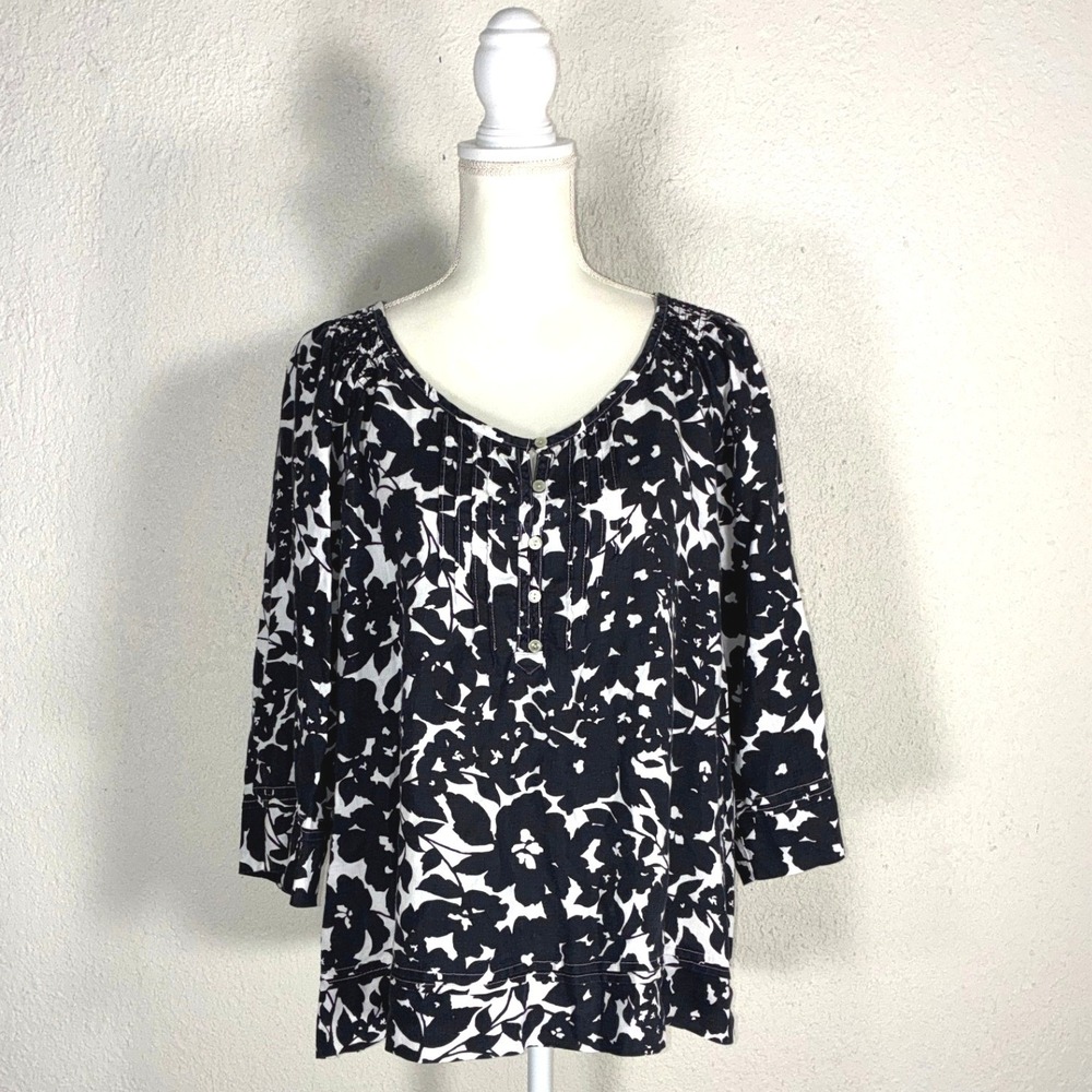 Jones New York Sport Woman Linen Floral Blouse Black White 1XW 3/4 Sleeve Top